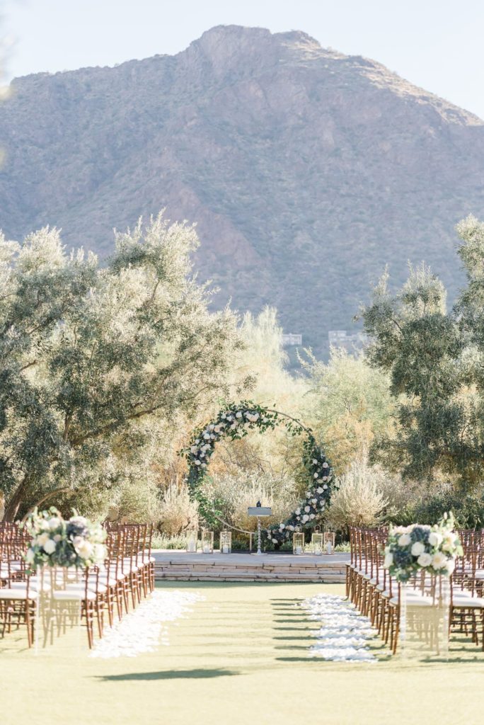 the premier luxury wedding venue in Scottsdale El Chorro Weddings showing the event lawn view with ceremony set up.