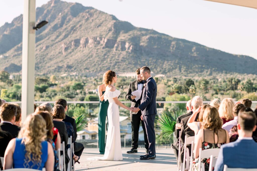 Rooftop ceremony with Bride and Groom at the alter.