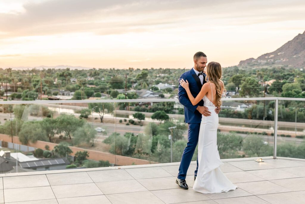 Bride and Groom dancing on the rooftop at Hotel Valley Ho in Scottsdale